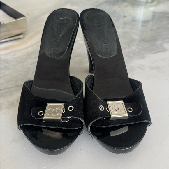 CHANEL Black Heeled Sandals with Silver Accents good condition - Picture 1 of 8